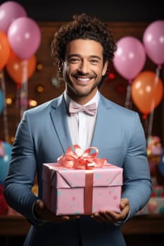 People, joy, fun and happiness concept. happy mixed race birthday man holding with gift box, balloons in the background. AI Generated