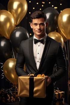 People, joy, fun and happiness concept. happy Caucasian birthday man holding with gift box, black and gold balloons in the background. AI Generated