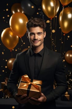 People, joy, fun and happiness concept. happy Caucasian birthday man holding with gift box, black and gold balloons in the background. AI Generated