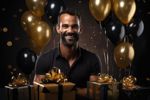 People, joy, fun and happiness concept. happy Caucasian birthday man holding with gift box, black and gold balloons in the background. AI Generated