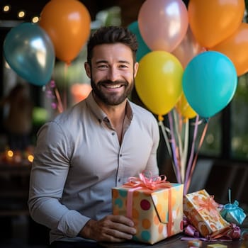 People, joy, fun and happiness concept. happy caucasian birthday man holding with gift box, balloons in the background. AI Generated