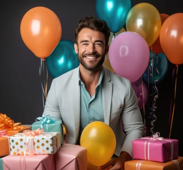 People, joy, fun and happiness concept. happy caucasian birthday man holding with gift box, balloons in the background. AI Generated
