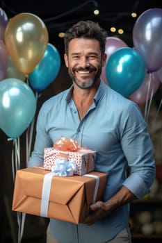 People, joy, fun and happiness concept. happy caucasian birthday man holding with gift box, balloons in the background. AI Generated