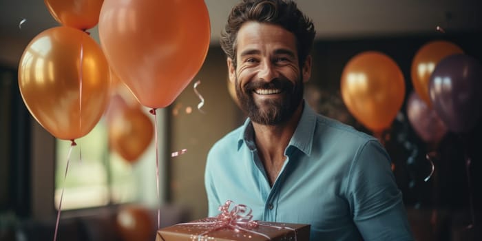 People, joy, fun and happiness concept. happy caucasian birthday man holding with gift box, balloons in the background. AI Generated