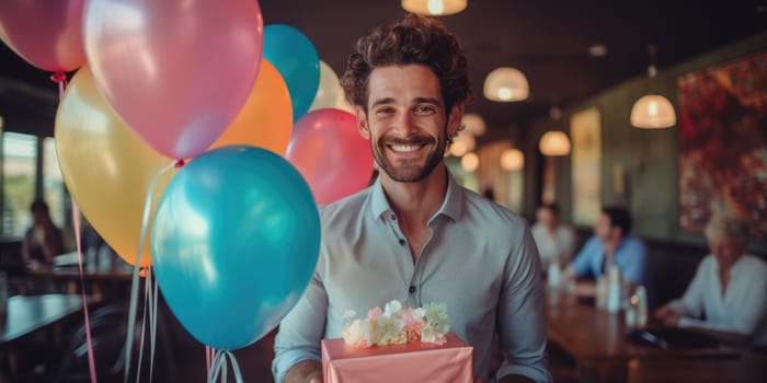 People, joy, fun and happiness concept. happy caucasian birthday man holding with gift box, balloons in the background. AI Generated