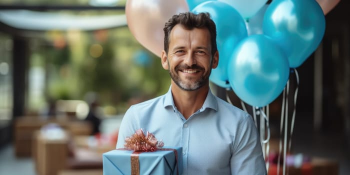 People, joy, fun and happiness concept. happy caucasian birthday man holding with gift box, balloons in the background. AI Generated