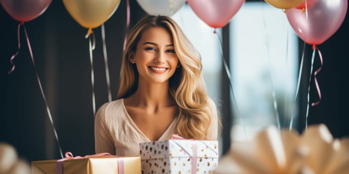 People, joy, fun and happiness concept. happy caucasian birthday man holding with gift box, balloons in the background. AI Generated