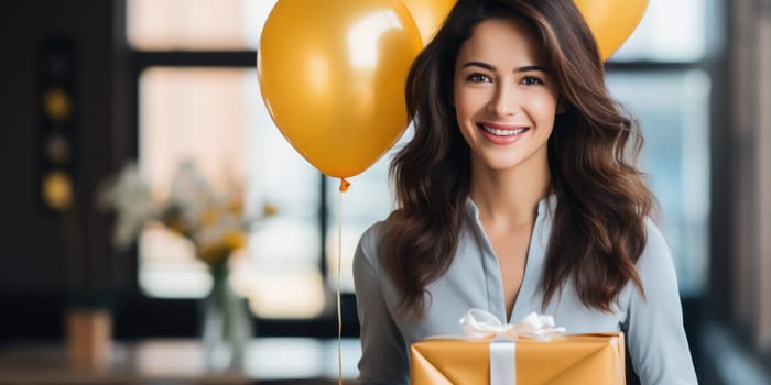 People, joy, fun and happiness concept. happy caucasian birthday man holding with gift box, balloons in the background. AI Generated