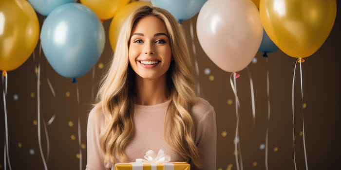 People, joy, fun and happiness concept. happy caucasian birthday man holding with gift box, balloons in the background. AI Generated