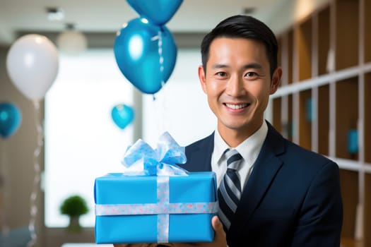 People, joy, fun and happiness concept. happy Asian birthday man holding with gift box, balloons in the background. AI Generated