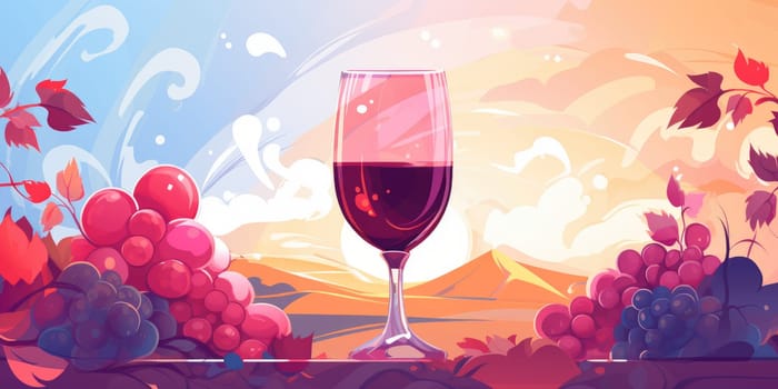 A glass of red wine with landscape view to a vineyard, drink concept