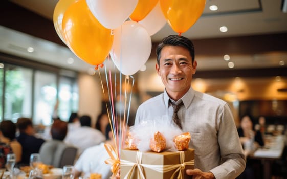 People, joy, fun and happiness concept. happy Asian birthday man holding with gift box, balloons in the background. AI Generated