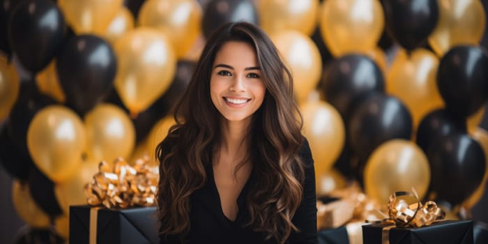 People, joy, fun and happiness concept. happy mixed race birthday woman holding with gift box, gold and black balloons in the background. AI Generated