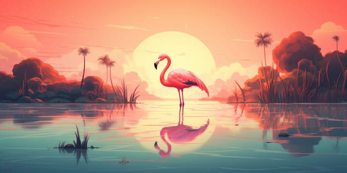 Pink flamingo by a lake, nature and wildlife concept
