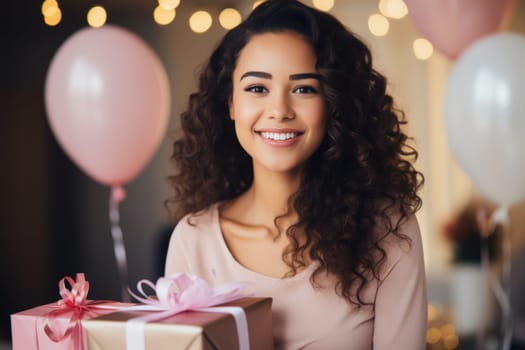 People, joy, fun and happiness concept. happy mixed race birthday woman holding with gift box, balloons in the background. AI Generated