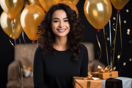 People, joy, fun and happiness concept. happy mixed race birthday woman holding with gift box, gold and black balloons in the background. AI Generated