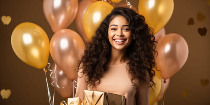 People, joy, fun and happiness concept. happy mixed race birthday woman holding with gift box, balloons in the background. AI Generated