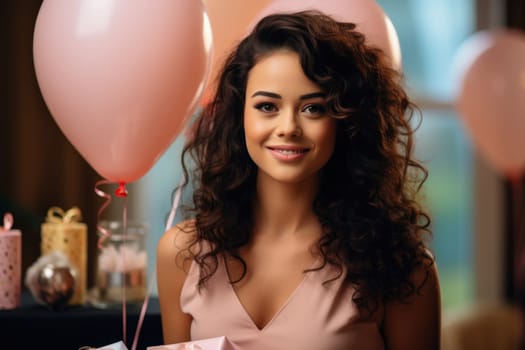People, joy, fun and happiness concept. happy mixed race birthday woman holding with gift box, balloons in the background. AI Generated