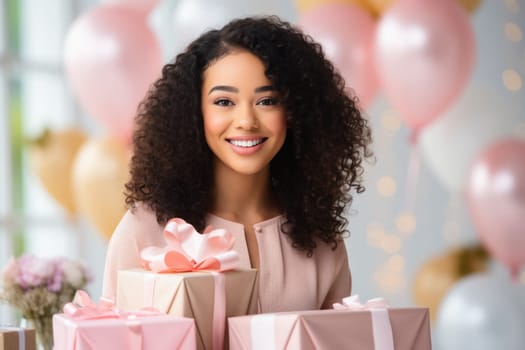 People, joy, fun and happiness concept. happy mixed race birthday woman holding with gift box, balloons in the background. AI Generated