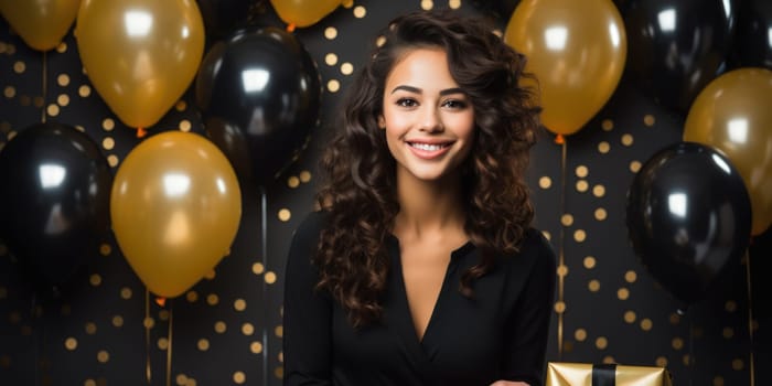 People, joy, fun and happiness concept. happy mixed race birthday woman holding with gift box, gold and black balloons in the background. AI Generated