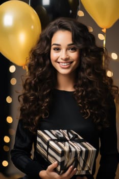 People, joy, fun and happiness concept. happy mixed race birthday woman holding with gift box, gold and black balloons in the background. AI Generated