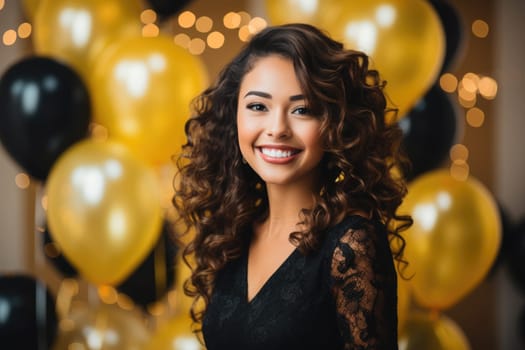 People, joy, fun and happiness concept. happy mixed race birthday woman holding with gift box, gold and black balloons in the background. AI Generated