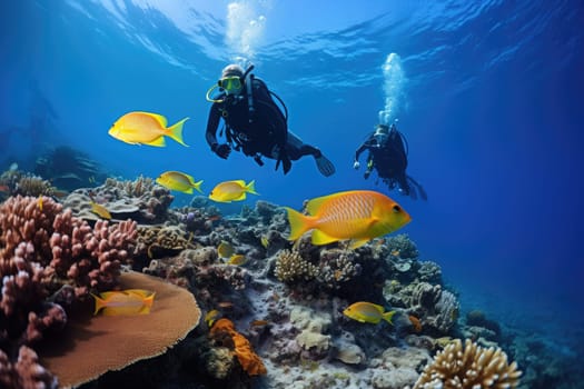 Scuba diving in tropical ocean coral reef sea under water. AI Generated