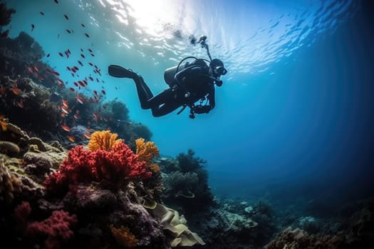 Scuba diving in tropical ocean coral reef sea under water. AI Generated