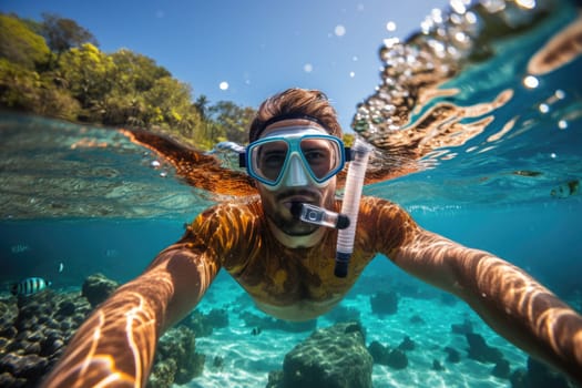 Underwater portrait of a woman snorkeling in tropical sea. Full length portrait of a man in a wetsuit with snorkeling equipment. AI Generated