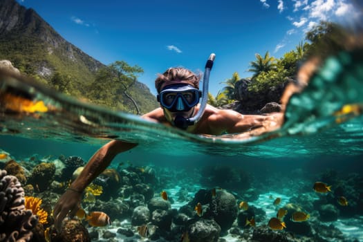 Underwater portrait of a woman snorkeling in tropical sea. Full length portrait of a man in a wetsuit with snorkeling equipment. AI Generated