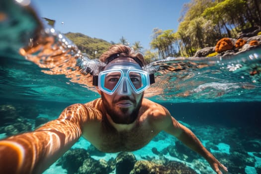 Underwater portrait of a woman snorkeling in tropical sea. Full length portrait of a man in a wetsuit with snorkeling equipment. AI Generated