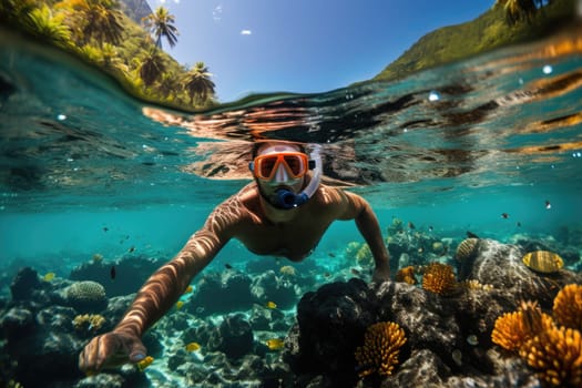 Underwater portrait of a woman snorkeling in tropical sea. Full length portrait of a man in a wetsuit with snorkeling equipment. AI Generated