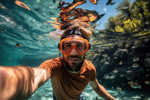 Underwater portrait of a woman snorkeling in tropical sea. Full length portrait of a man in a wetsuit with snorkeling equipment. AI Generated