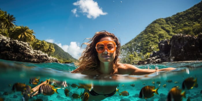 Underwater shoot of a young lady snorkeling and doing skin diving in a tropical sea. AI Generated