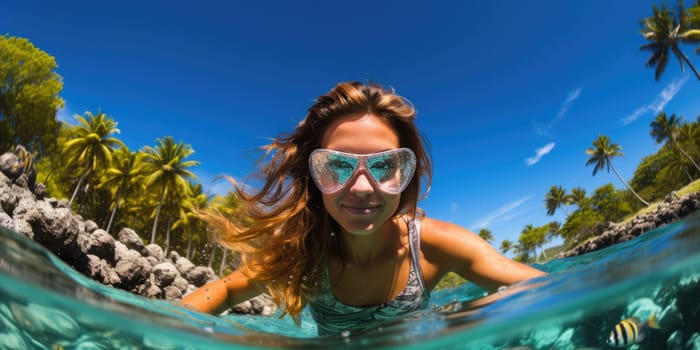 Underwater shoot of a young lady snorkeling and doing skin diving in a tropical sea. AI Generated