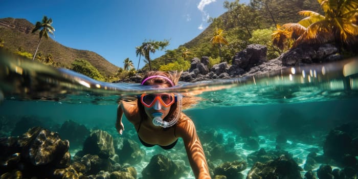 Underwater shoot of a young lady snorkeling and doing skin diving in a tropical sea. AI Generated