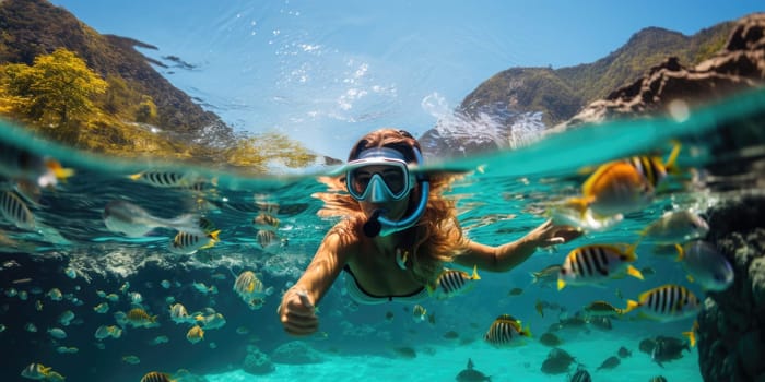 Underwater shoot of a young lady snorkeling and doing skin diving in a tropical sea. AI Generated