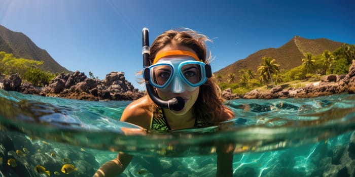 Underwater shoot of a young lady snorkeling and doing skin diving in a tropical sea. AI Generated