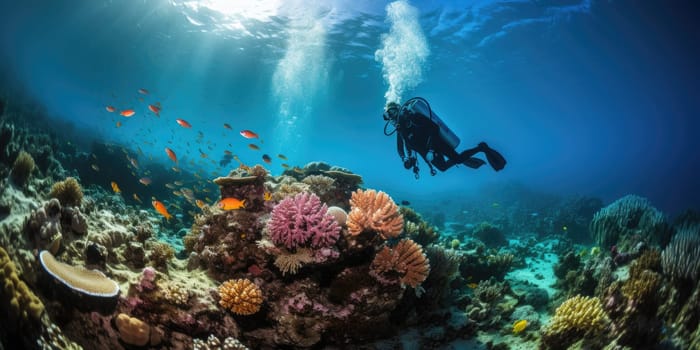 The diver swims deep underwater among coral reefs and beautiful fish. AI Generated