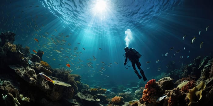 The diver swims deep underwater among coral reefs and beautiful fish. AI Generated