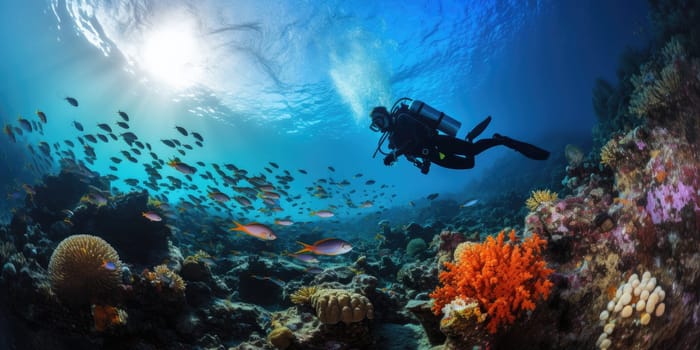 The diver swims deep underwater among coral reefs and beautiful fish. AI Generated