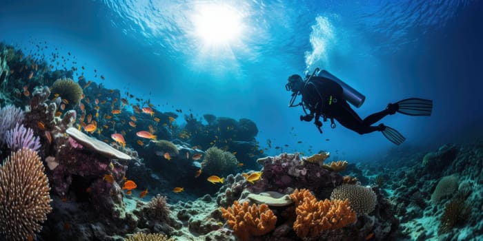 The diver swims deep underwater among coral reefs and beautiful fish. AI Generated