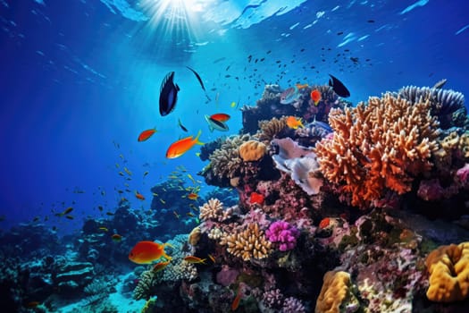 The diver swims deep underwater among coral reefs and beautiful fish. AI Generated