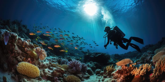 The diver swims deep underwater among coral reefs and beautiful fish. AI Generated