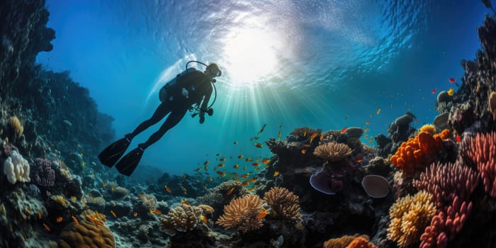 The diver swims deep underwater among coral reefs and beautiful fish. AI Generated