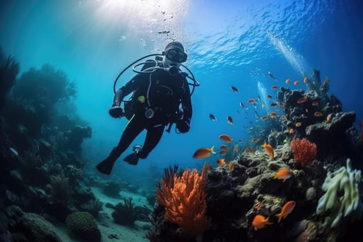 The diver swims deep underwater among coral reefs and beautiful fish. AI Generated