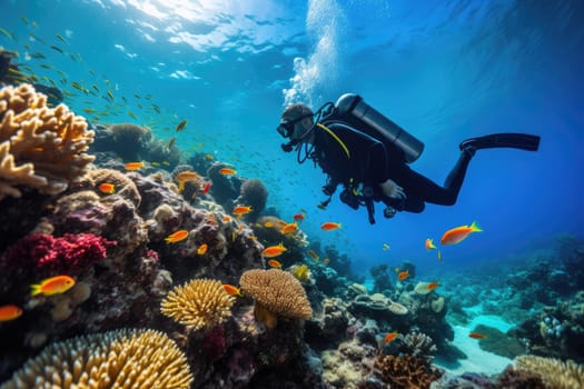 The diver swims deep underwater among coral reefs and beautiful fish. AI Generated
