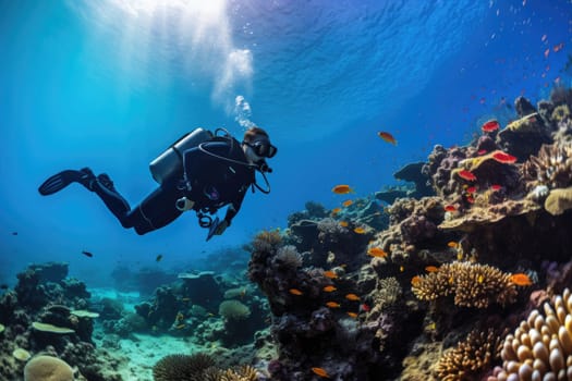 The diver swims deep underwater among coral reefs and beautiful fish. AI Generated