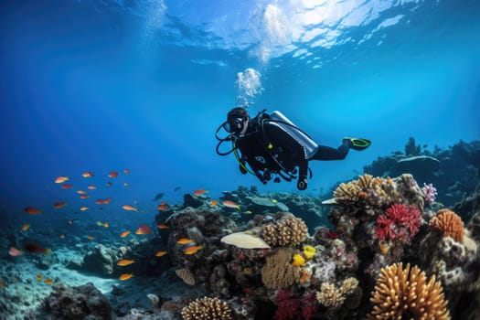 The diver swims deep underwater among coral reefs and beautiful fish. AI Generated