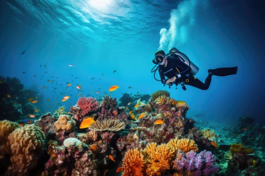 The diver swims deep underwater among coral reefs and beautiful fish. AI Generated